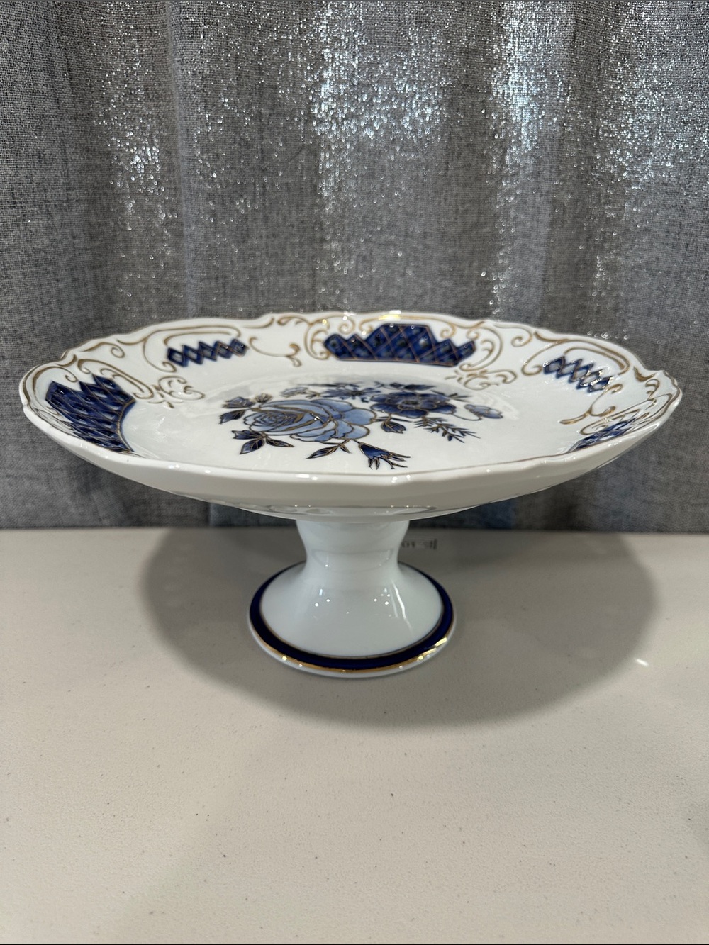 White and Blue Porcelain Pedestal Compote - Elegant Floral Serving Dish